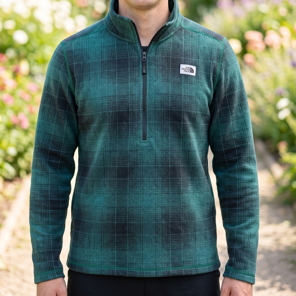 The North Face Mens Green Black Plaid Fleece Quarter Zip Pullover XL